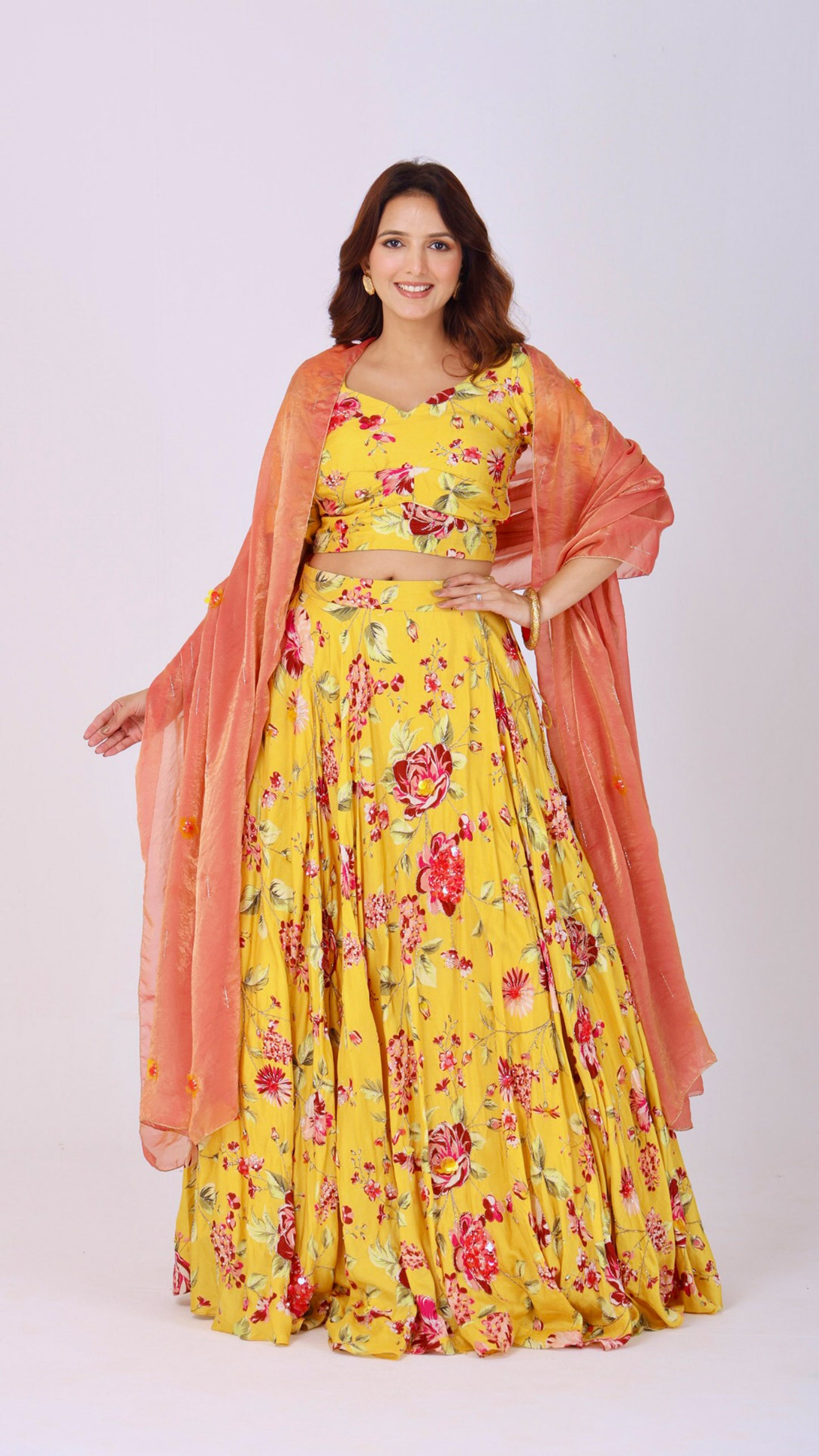 Yellow floral silk lehenga set with organza dupatta