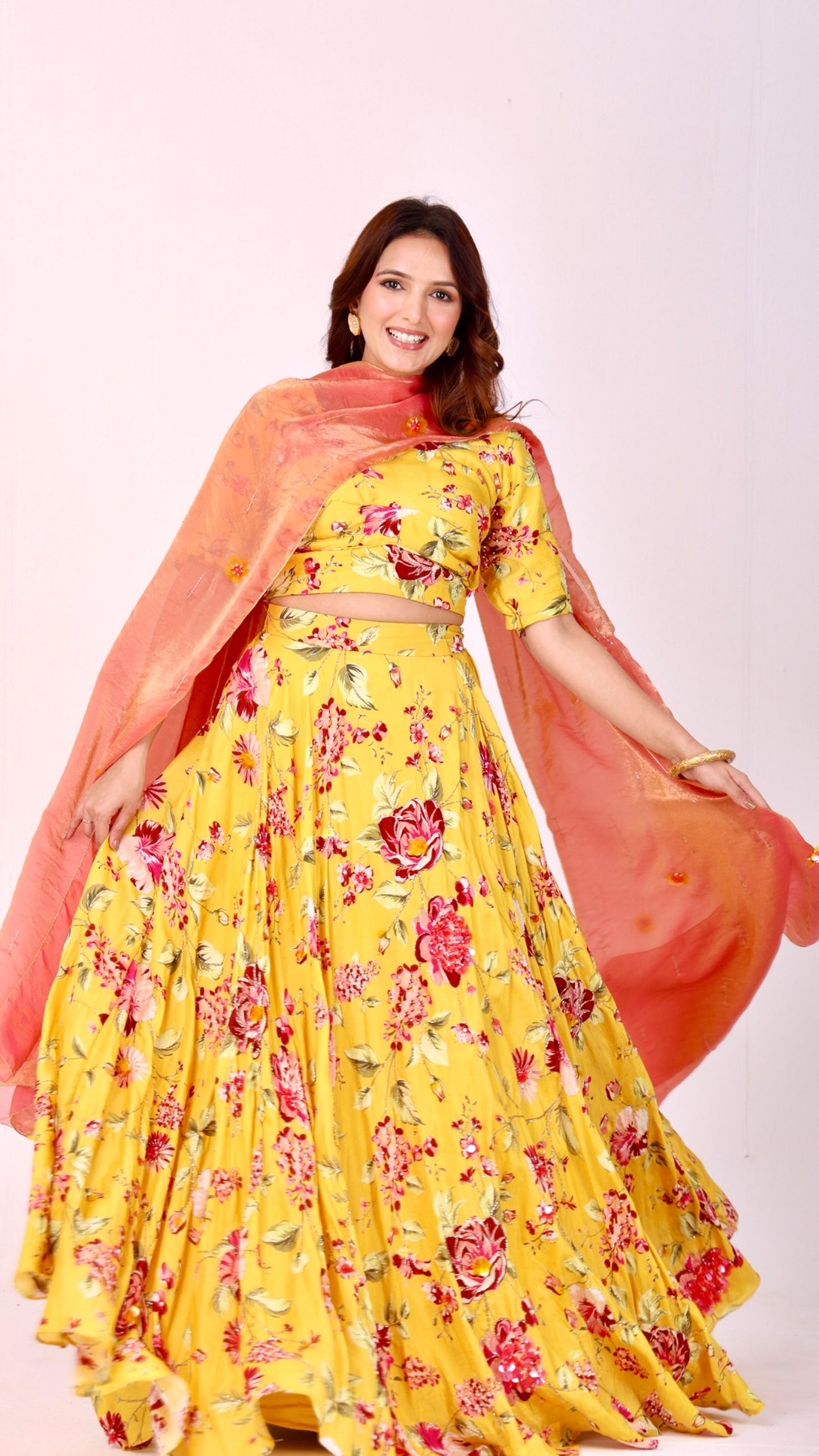 Yellow floral silk lehenga set with organza dupatta