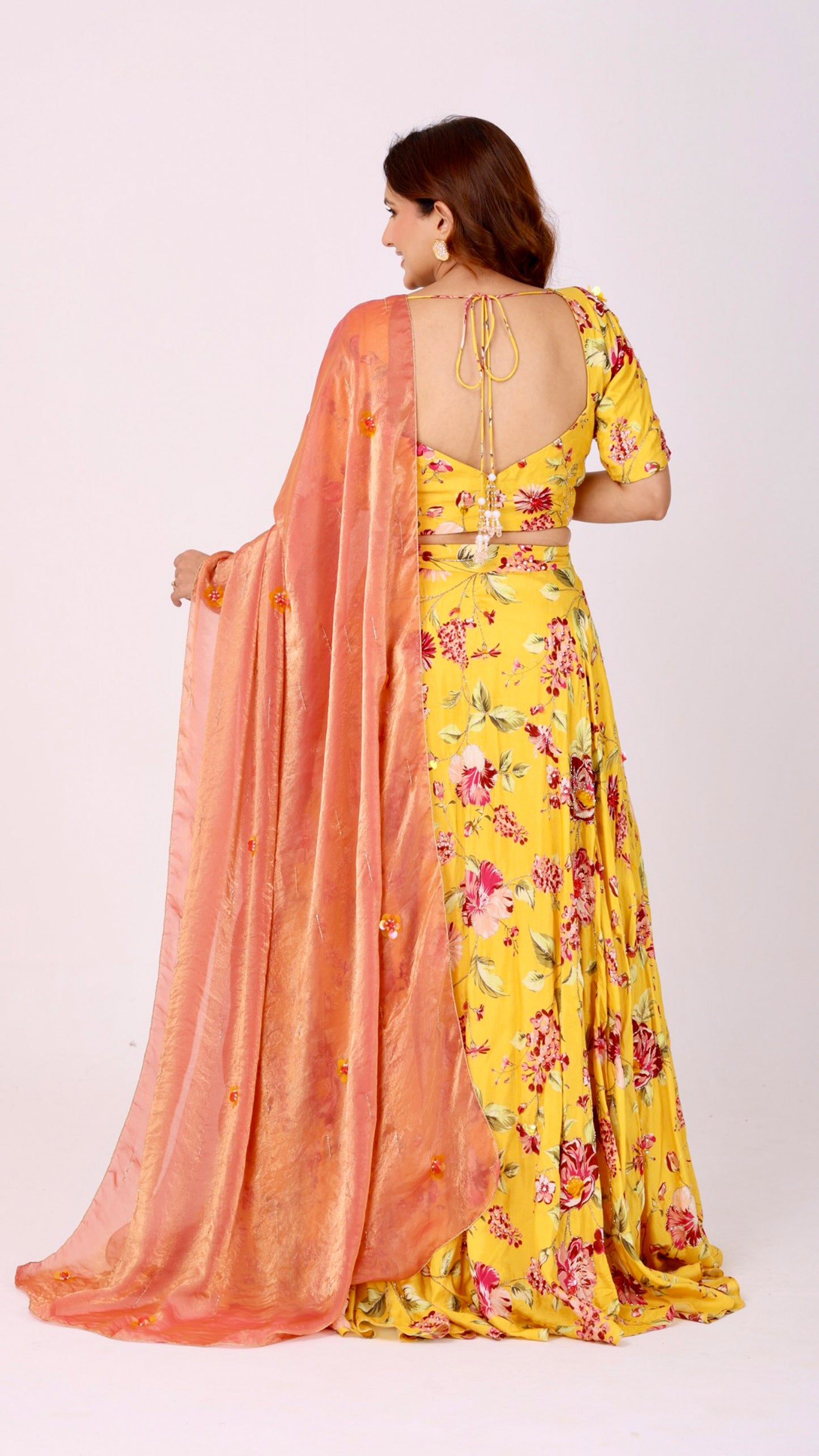 Yellow floral silk lehenga set with organza dupatta