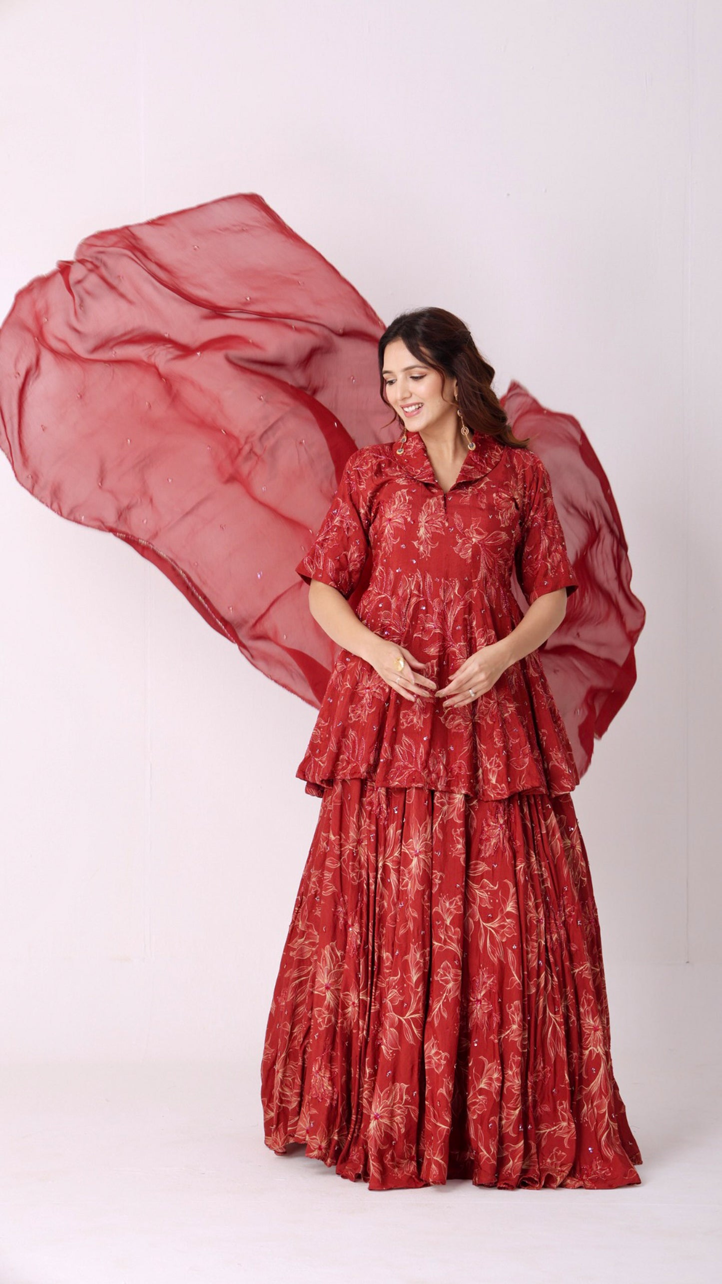 Maroon Hand-embroidered floral peplum kali kurti blouse paired with lehenga & dupatta