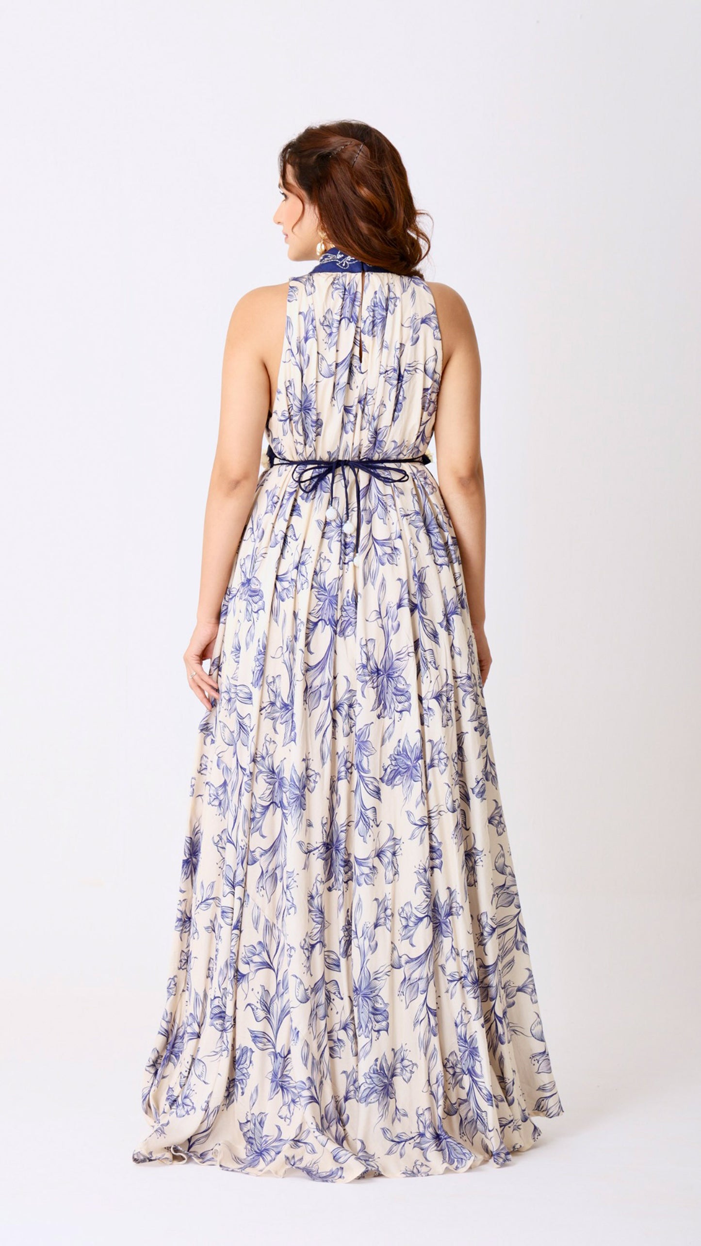 Ivory & navy floral halter-neck hand-embroidered gown with belted elegance
