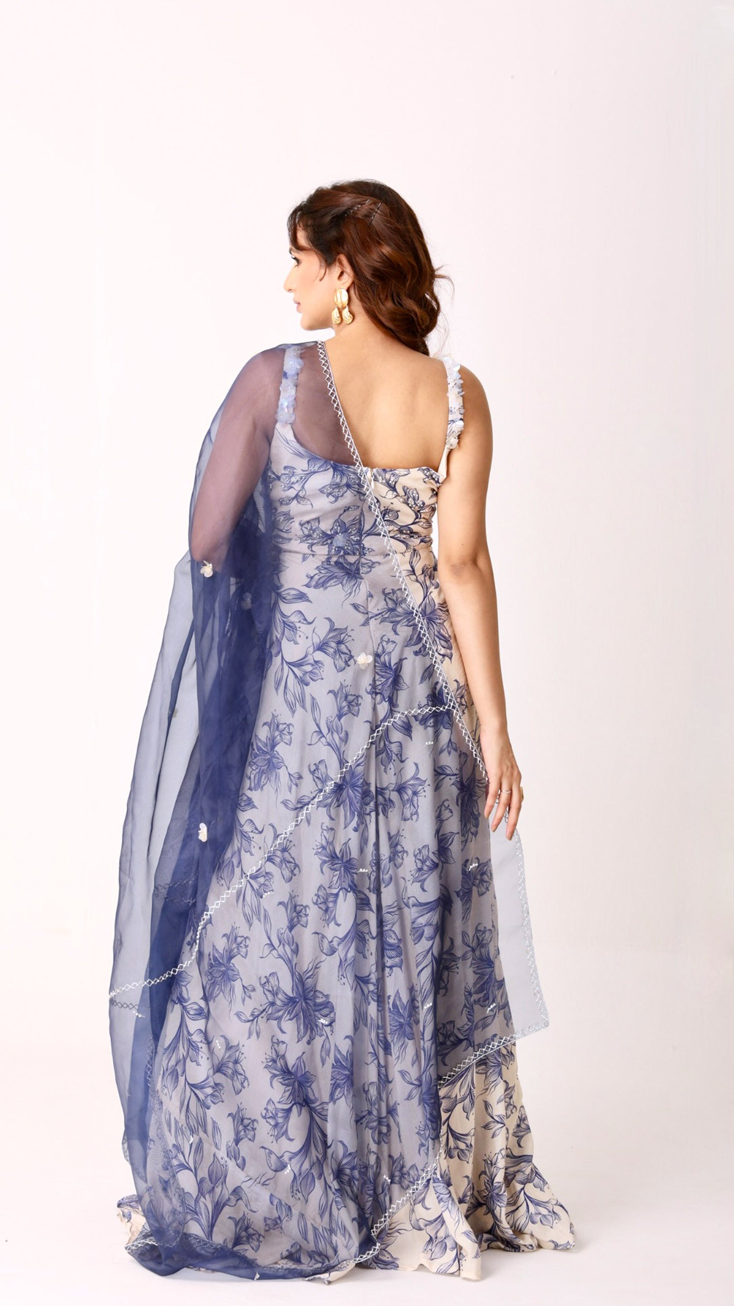 Ivory elegance hand-embroidered floral Anarkali with a navy organza dupatta