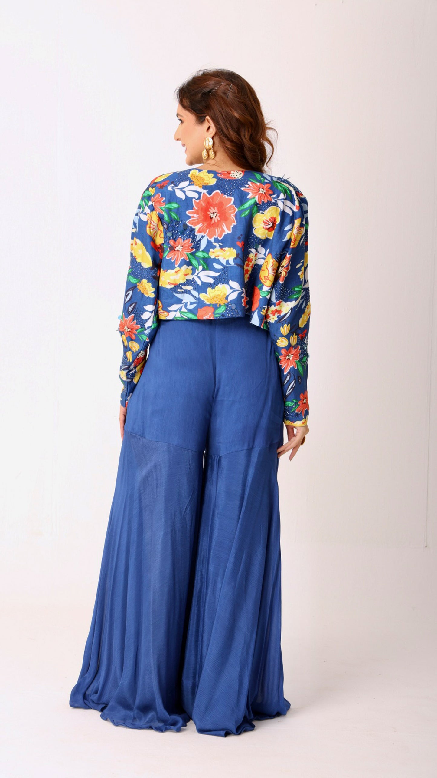 Deja Vu Blue Vibrant floral crop top & matching jacket with flowy flare blue sharara pants