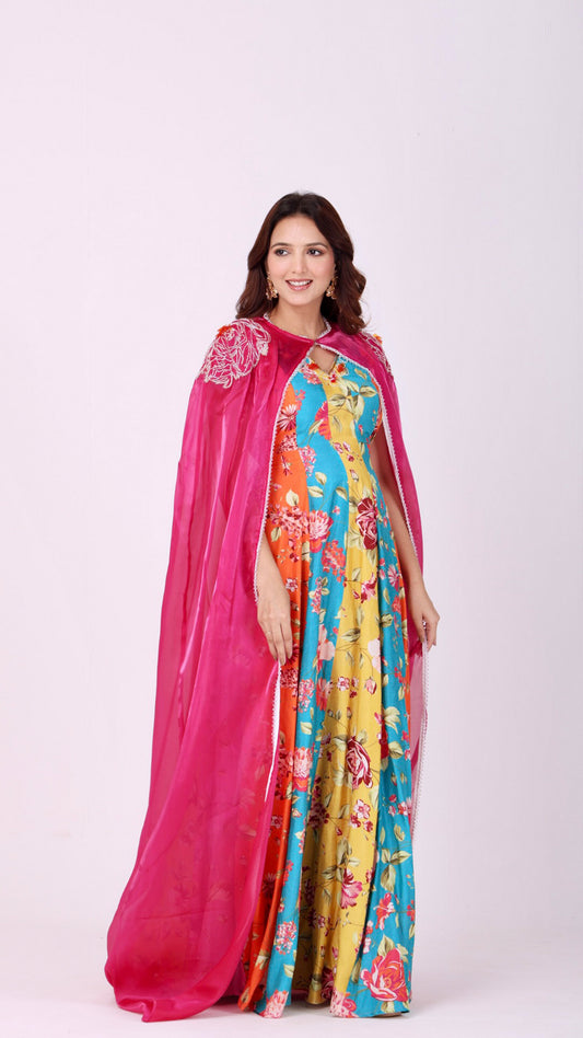 Orangeade Floral hand-embroidered multicolour anarkali paired with a vibrant organza cape