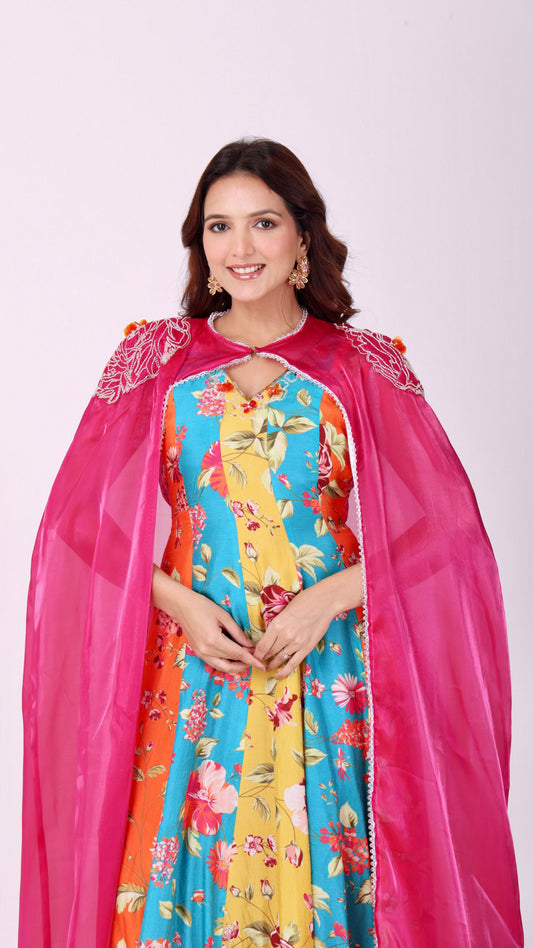 Orangeade Floral hand-embroidered multicolour anarkali paired with a vibrant organza cape