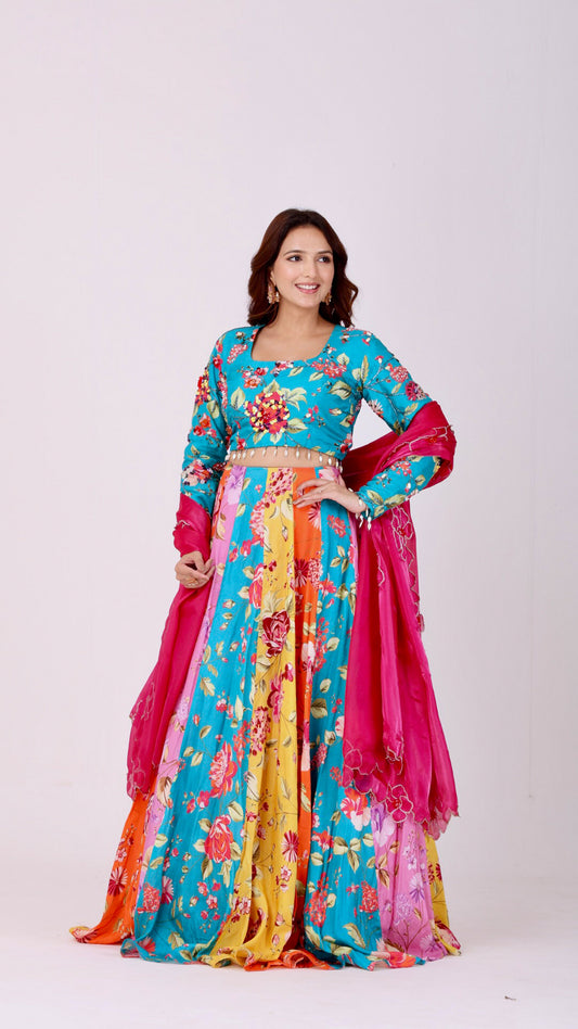 Orangeade Vibrant multi-colour floral kali lehenga with embroidered blouse & dupatta