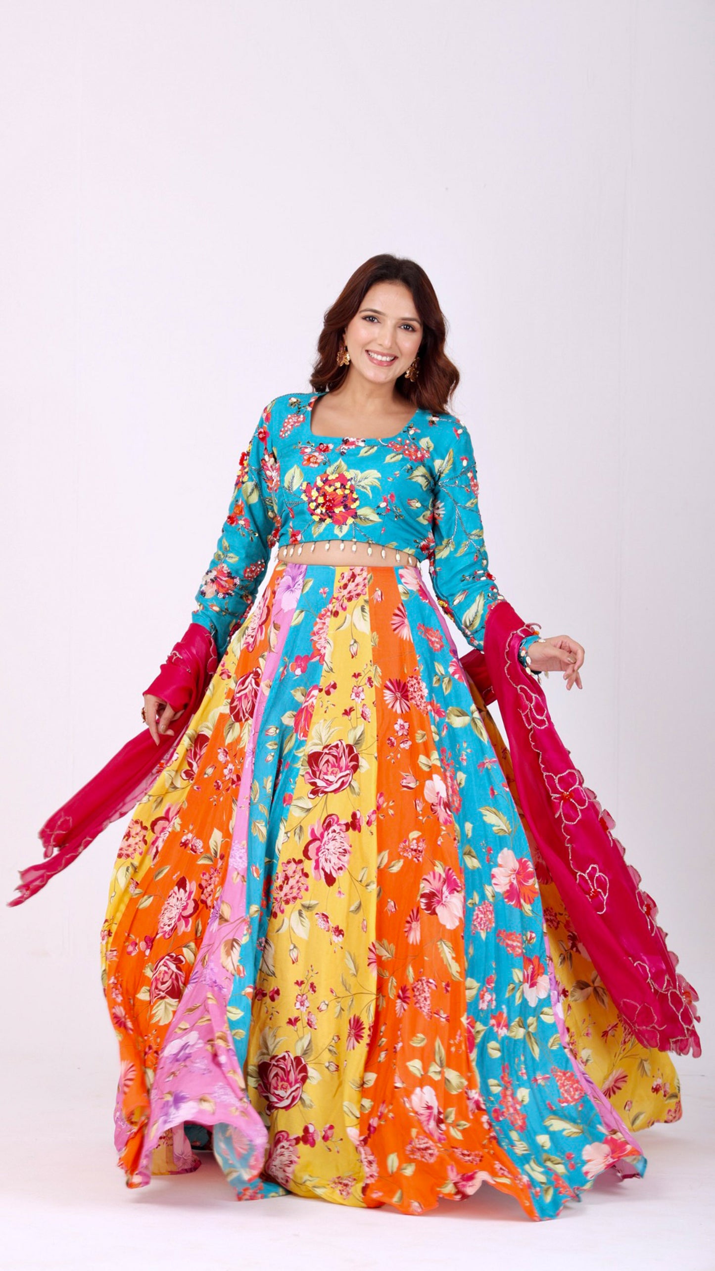 Orangeade Vibrant multi-colour floral kali lehenga with embroidered blouse & dupatta