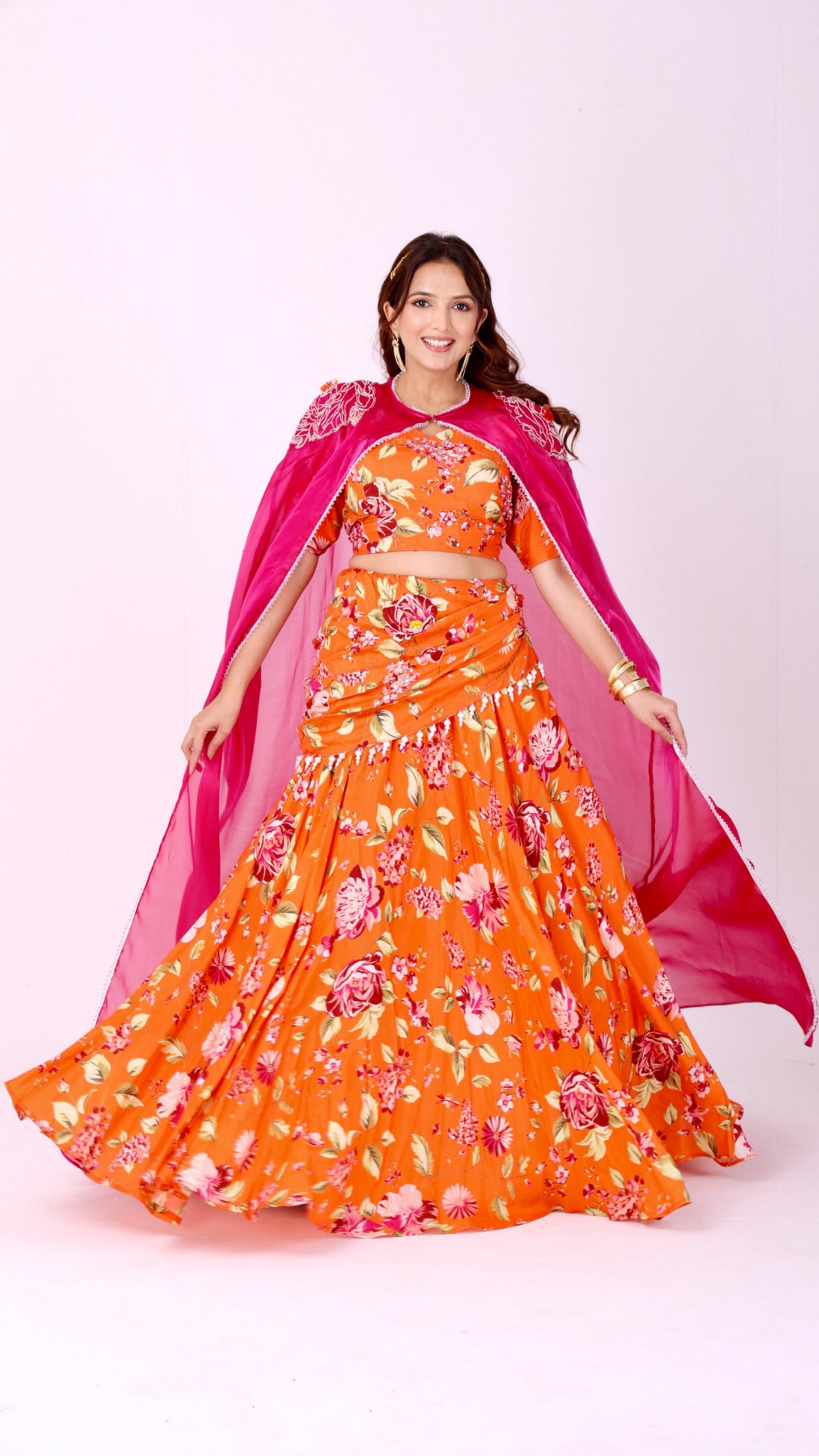 Orangeade hand-embroidered floral lehenga set with cape