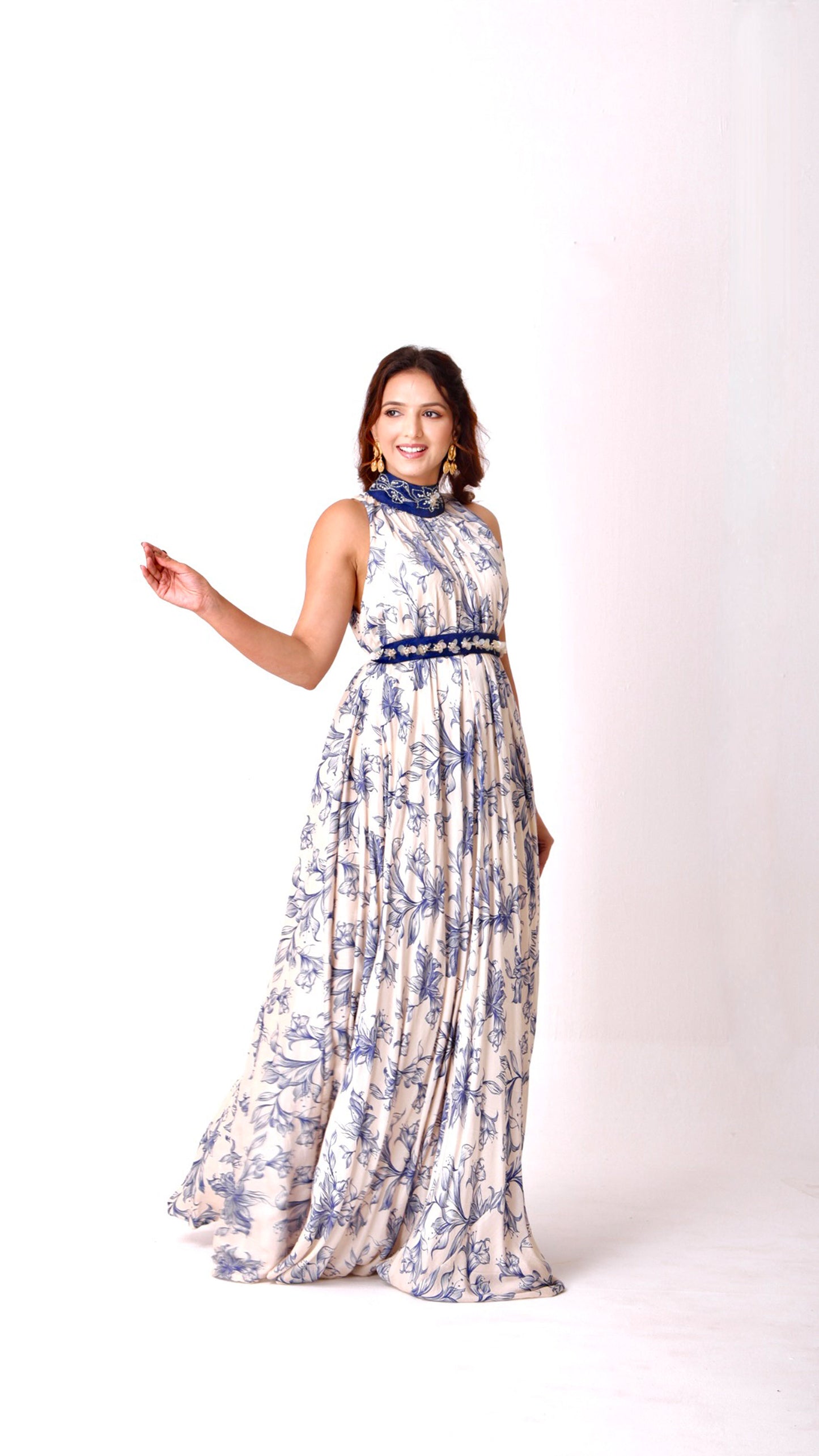 Ivory & navy floral halter-neck hand-embroidered gown with belted elegance