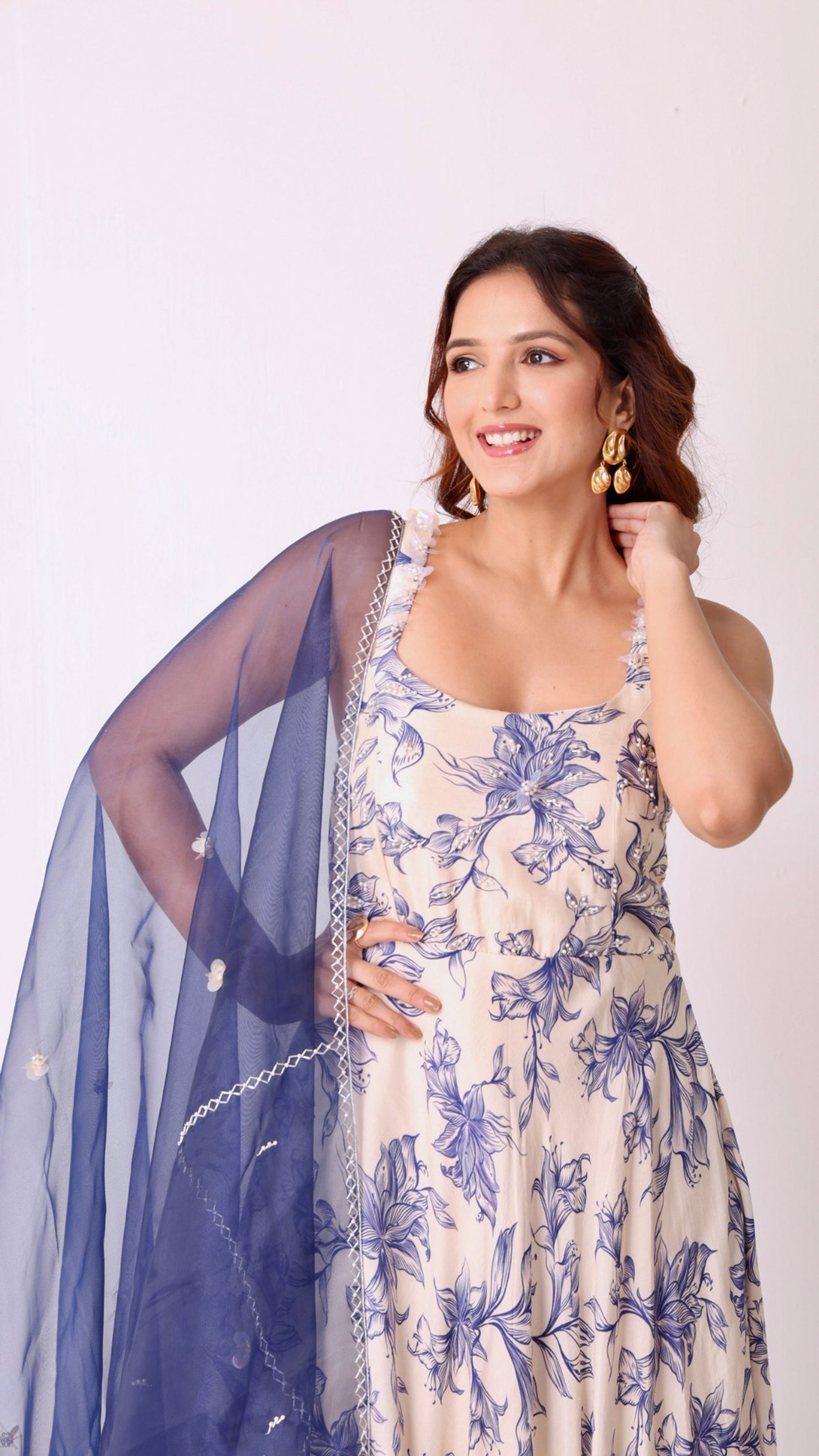 Ivory elegance hand-embroidered floral Anarkali with a navy organza dupatta