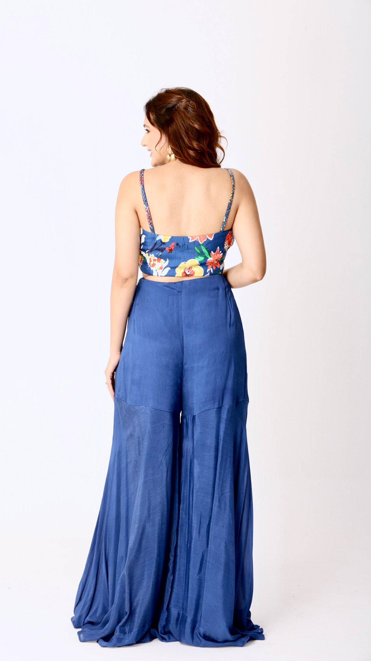 Deja Vu Blue Vibrant floral crop top & matching jacket with flowy flare blue sharara pants