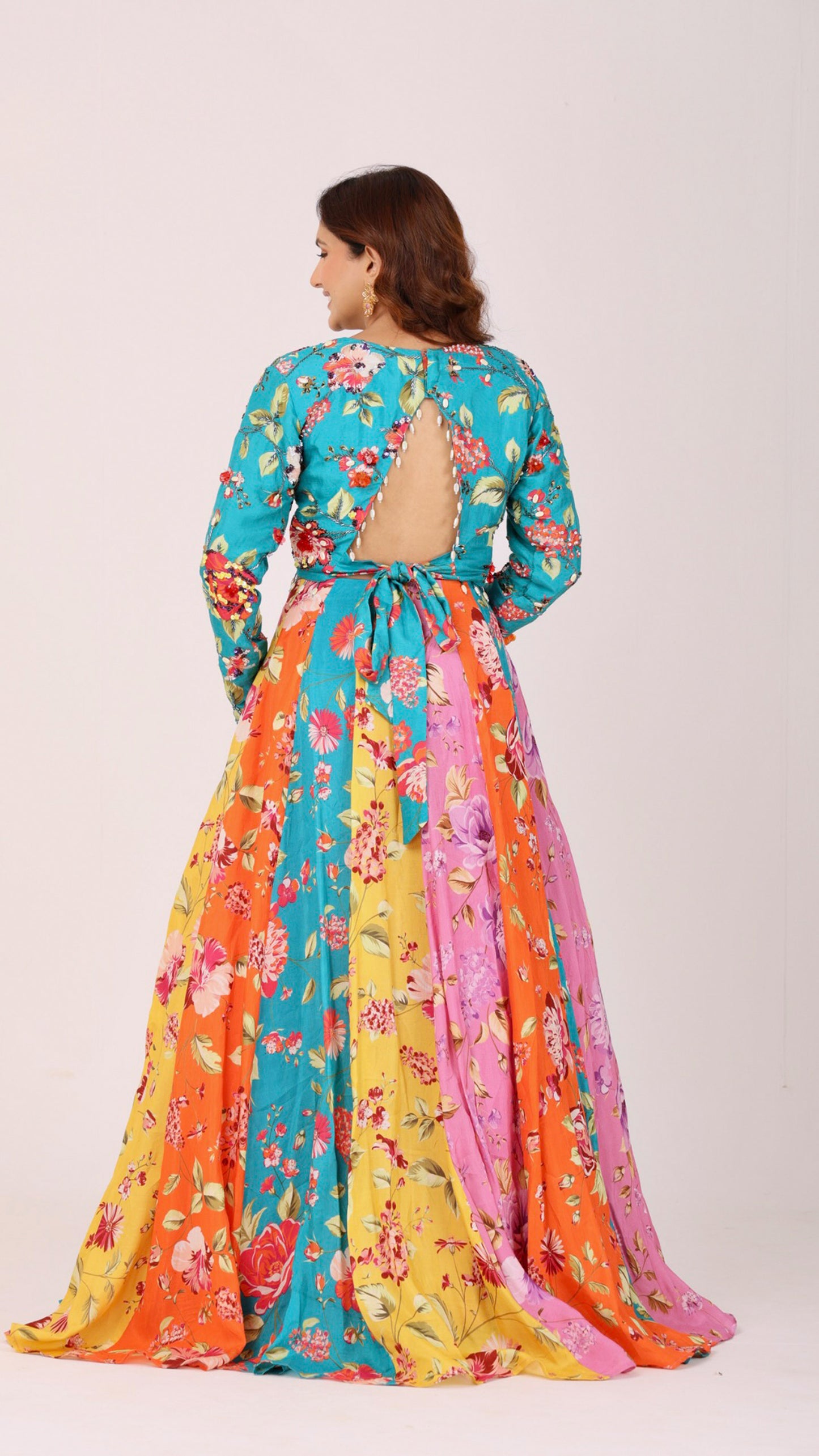 Orangeade Vibrant multi-colour floral kali lehenga with embroidered blouse & dupatta