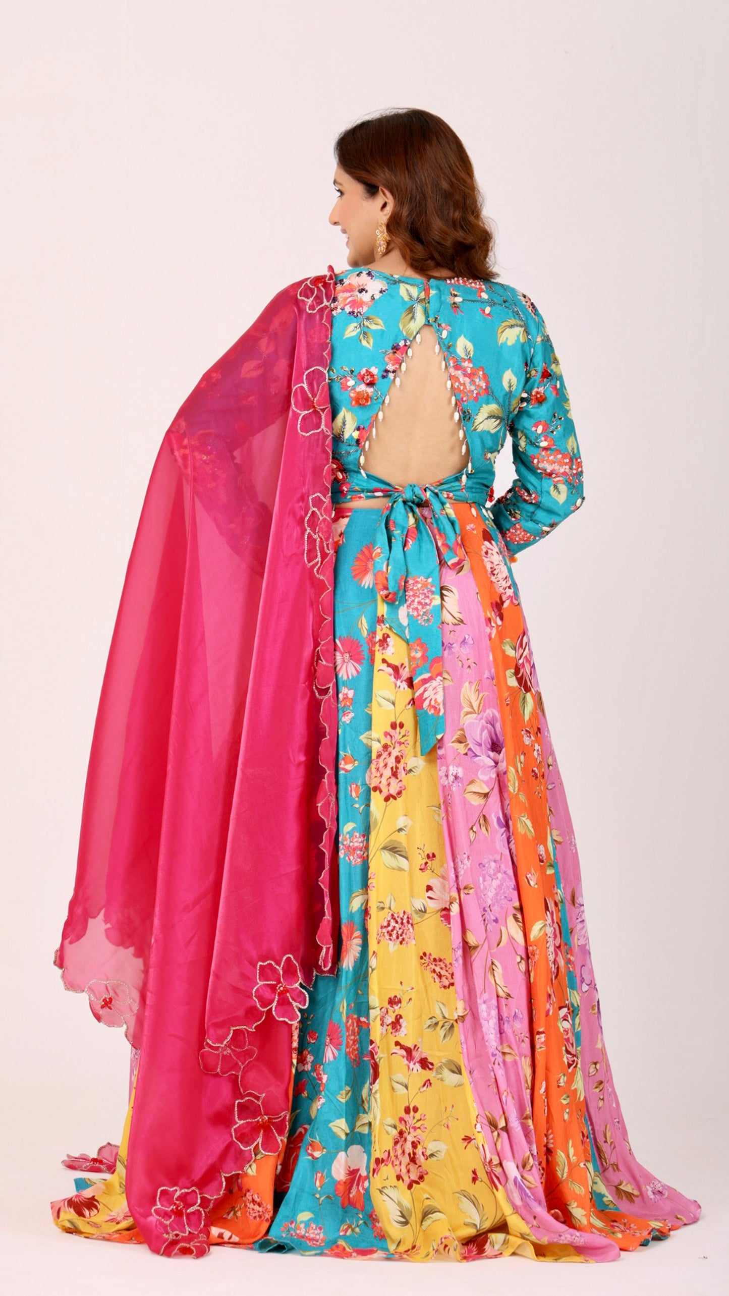Orangeade Vibrant multi-colour floral kali lehenga with embroidered blouse & dupatta