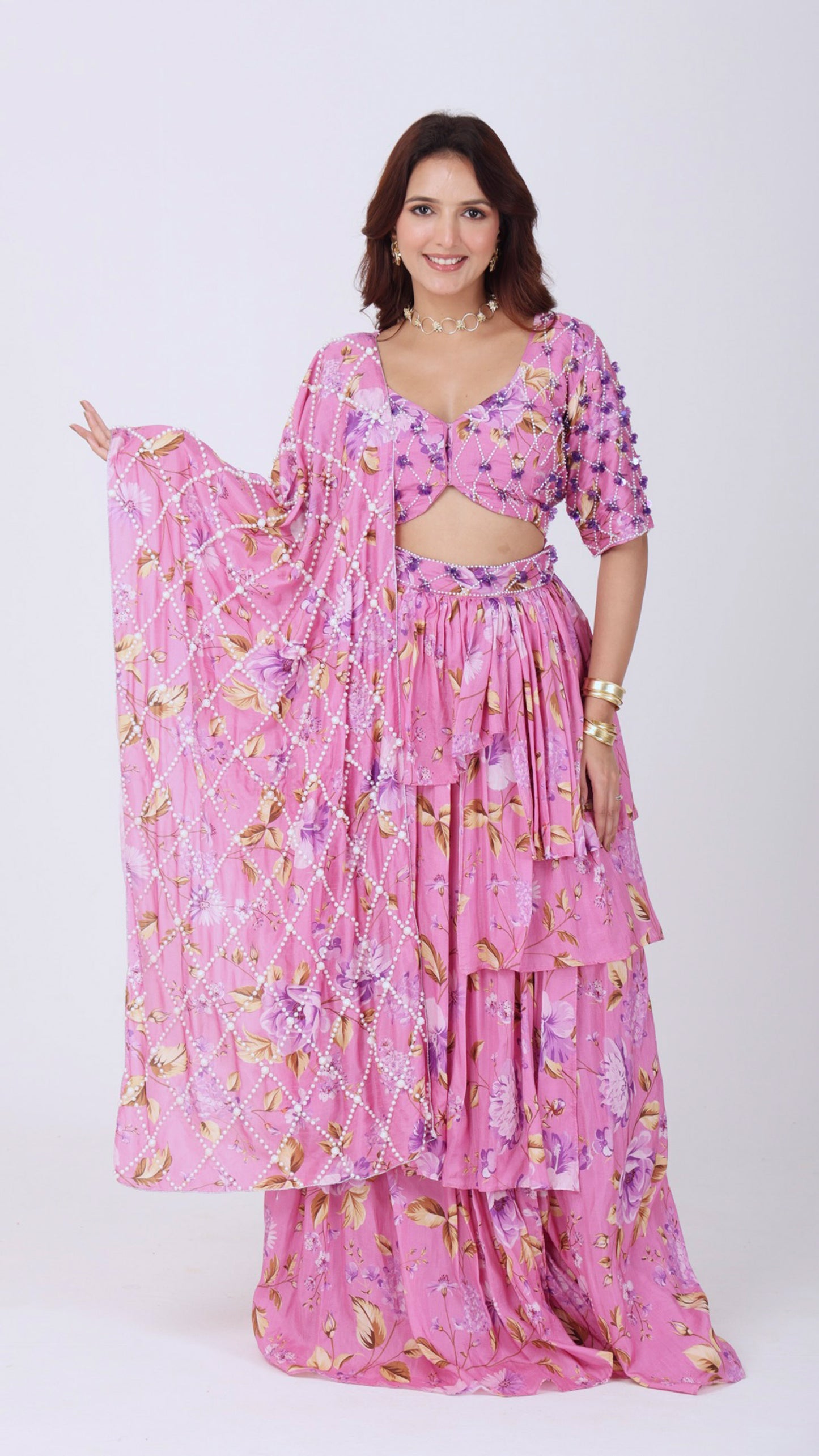 Floral printed persian pink layered skirt set with embellished blouse & dupatta