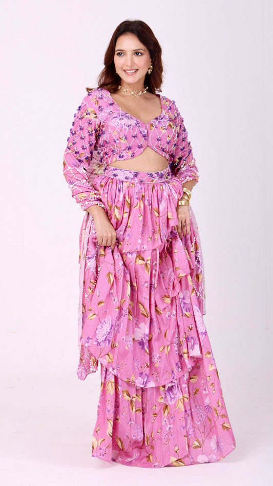 Floral printed persian pink layered skirt set with embellished blouse & dupatta