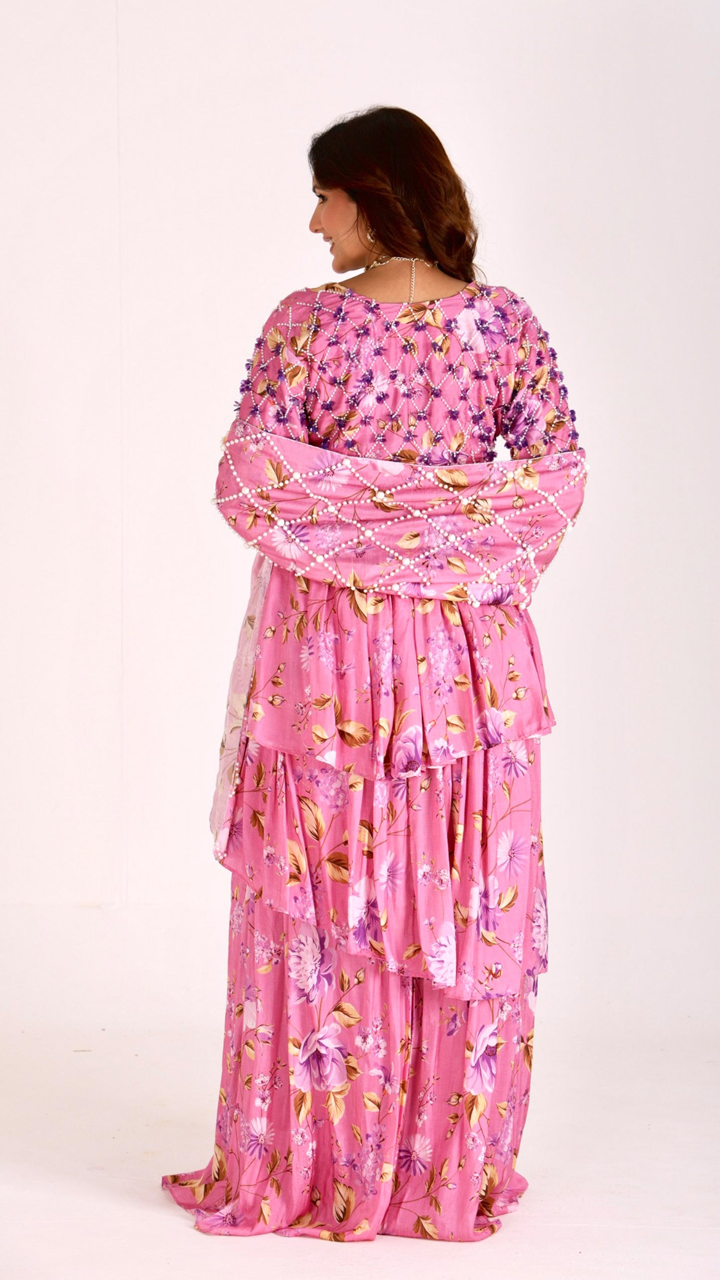 Persian Pink Pre-drape ruffle saree with hand-embroidered blouse and belt