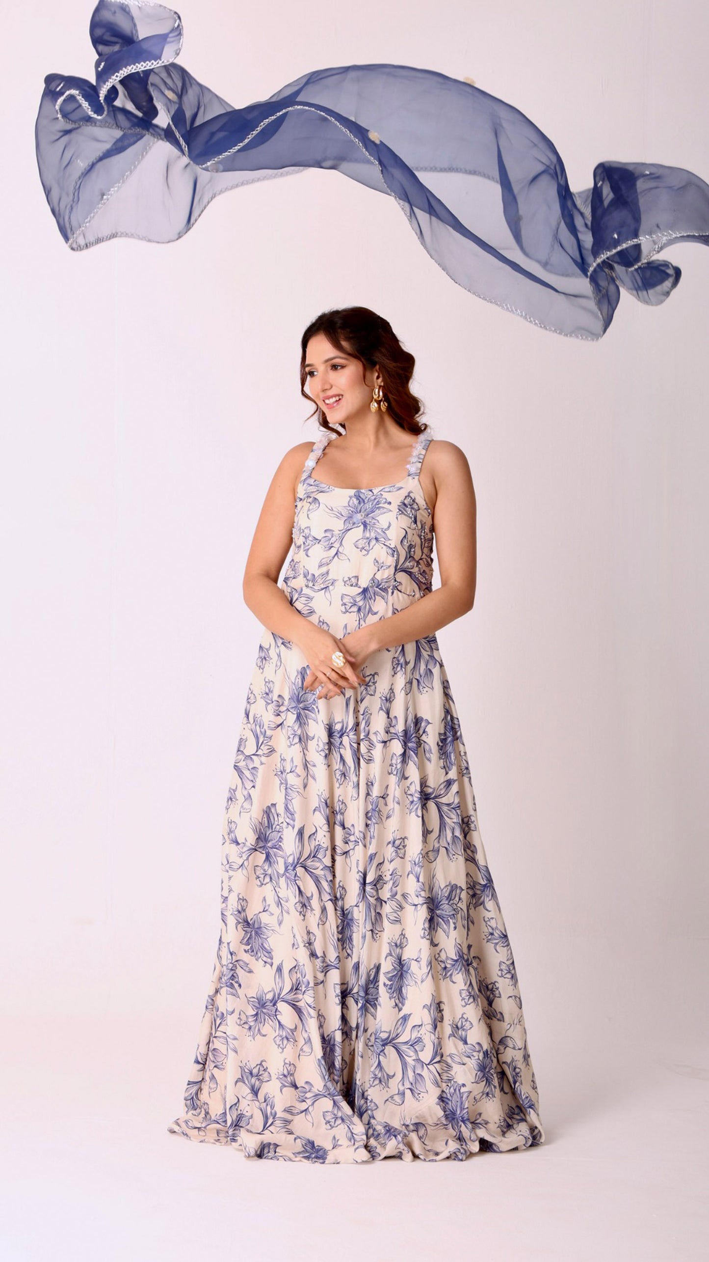 Ivory elegance hand-embroidered floral Anarkali with a navy organza dupatta