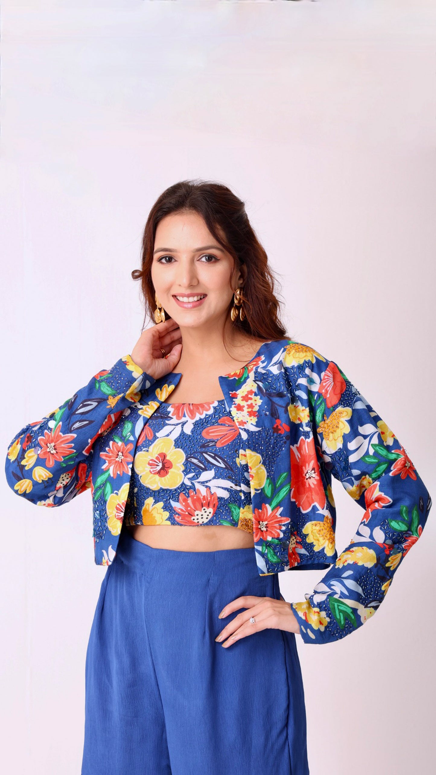 Deja Vu Blue Vibrant floral crop top & matching jacket with flowy flare blue sharara pants