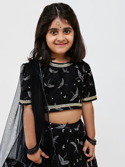 Black Floral Printed kids lehenga