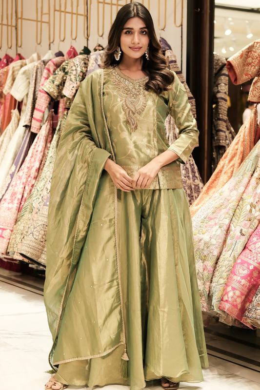 Olive green silk salwar suit with zardozi and sequins work