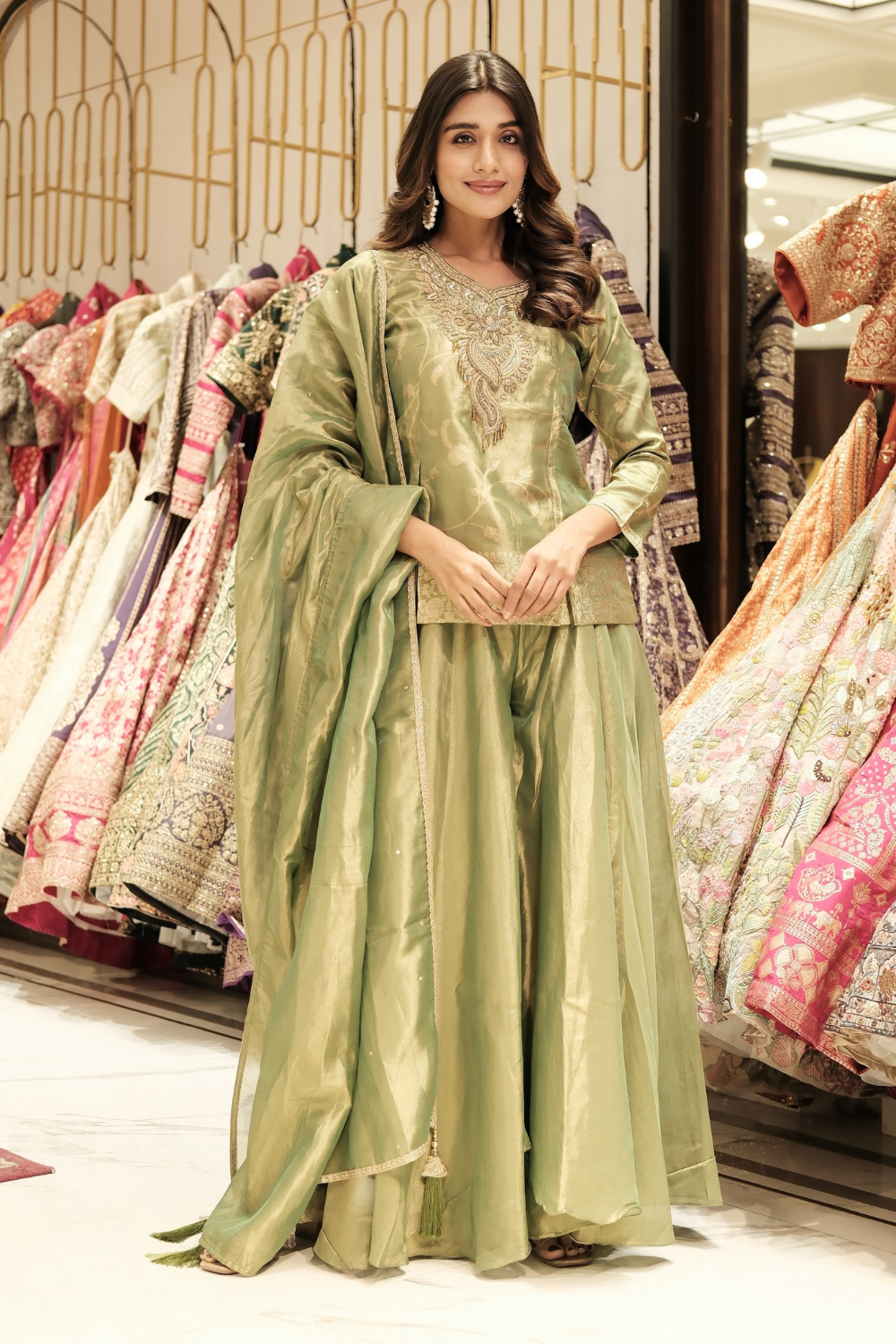 Olive green silk salwar suit with zardozi and sequins work