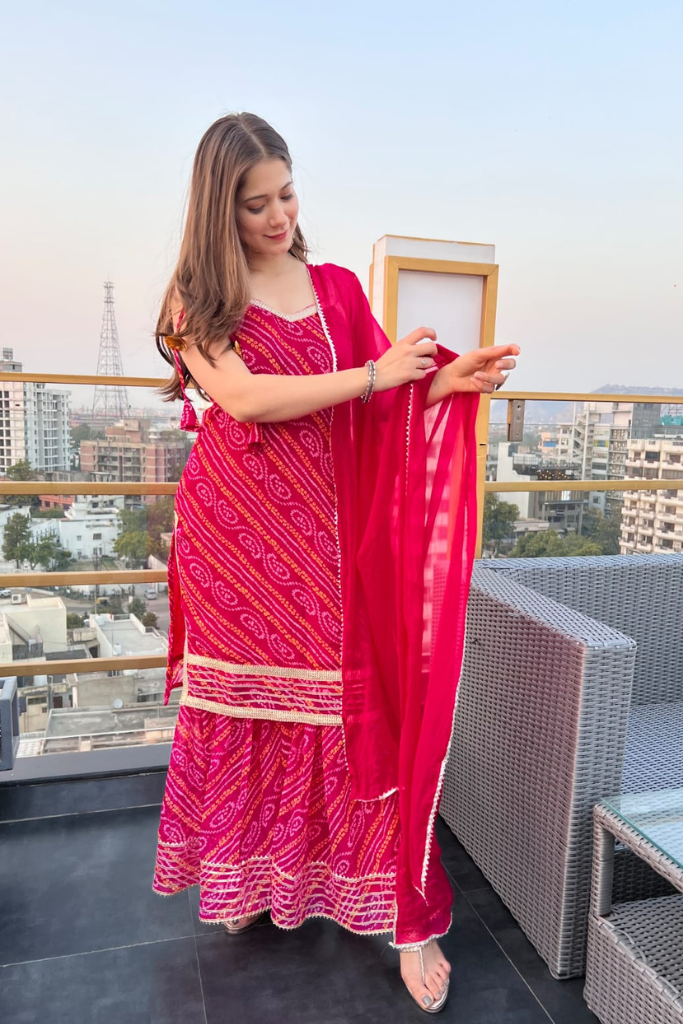 Jannat Pink Chiffon Bandhani Festive Sharara Set