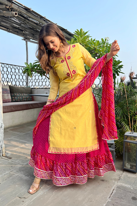 Riaan Yellow Chanderi Bandhani Long Lehenga Set