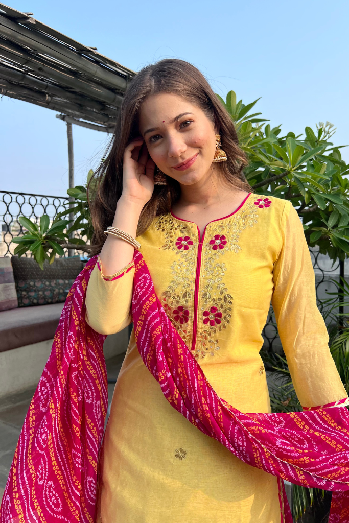 Riaan Yellow Chanderi Bandhani Long Lehenga Set