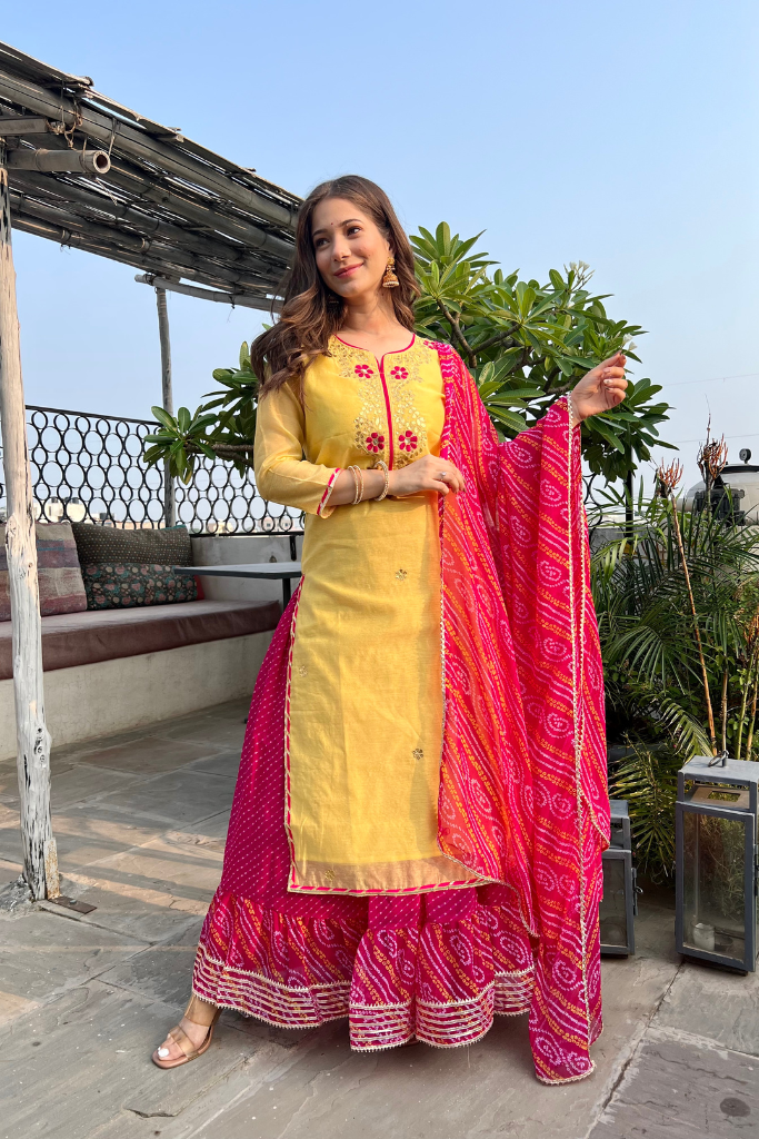 Riaan Yellow Chanderi Bandhani Long Lehenga Set