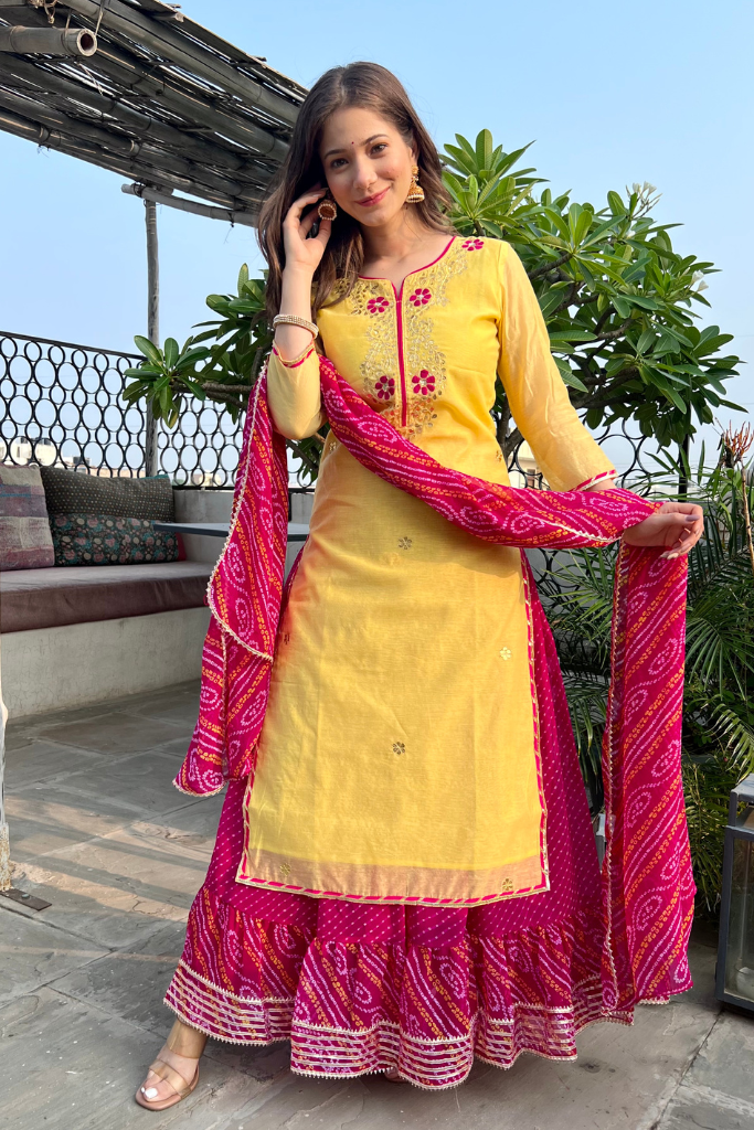 Riaan Yellow Chanderi Bandhani Long Lehenga Set
