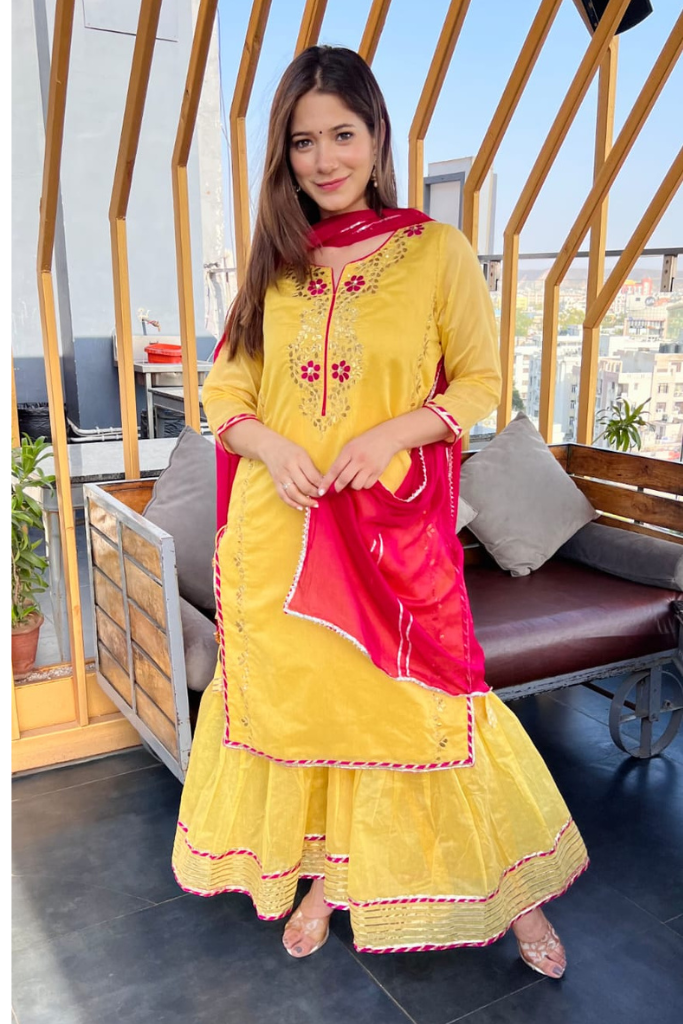 Vayu Yellow Thread Work Chanderi Haldi Sharara Set