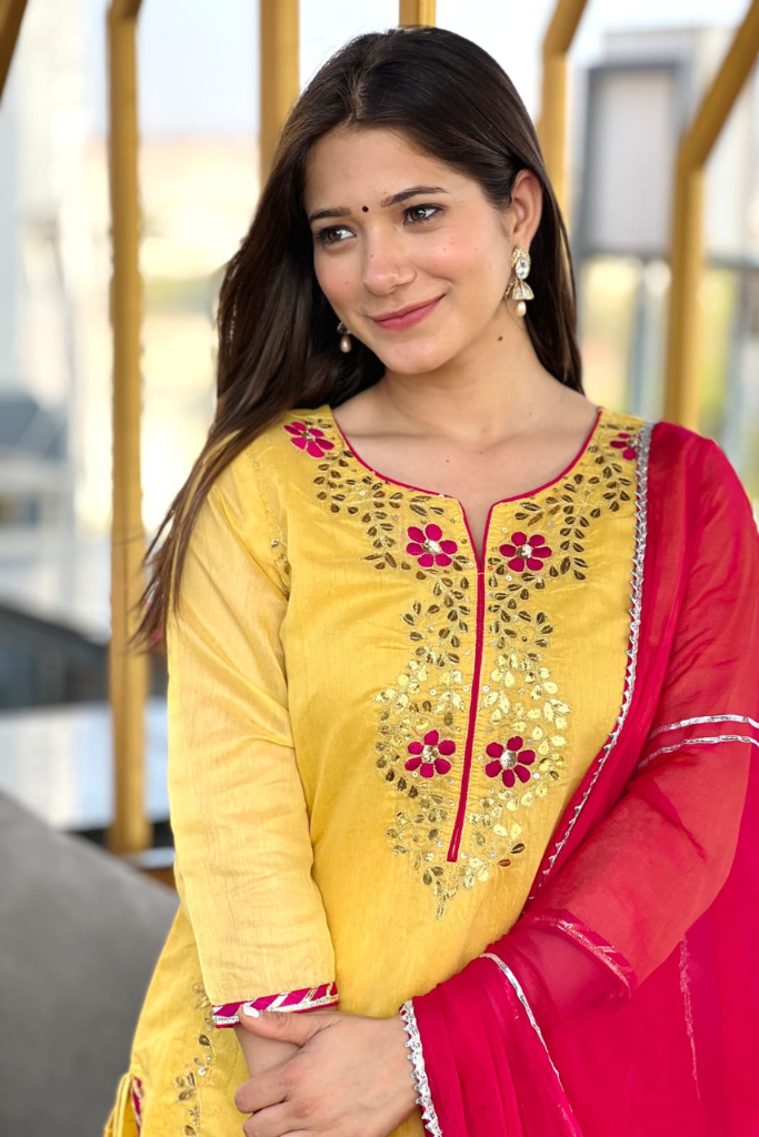 Vayu Yellow Thread Work Chanderi Haldi Sharara Set