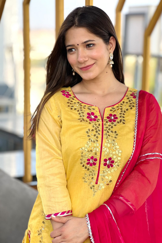 Vayu Yellow Thread Work Chanderi Haldi Sharara Set