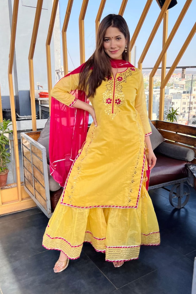 Vayu Yellow Thread Work Chanderi Haldi Sharara Set