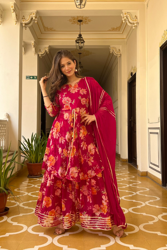 Meera Pink Chiffon Floral Print Sharara Set