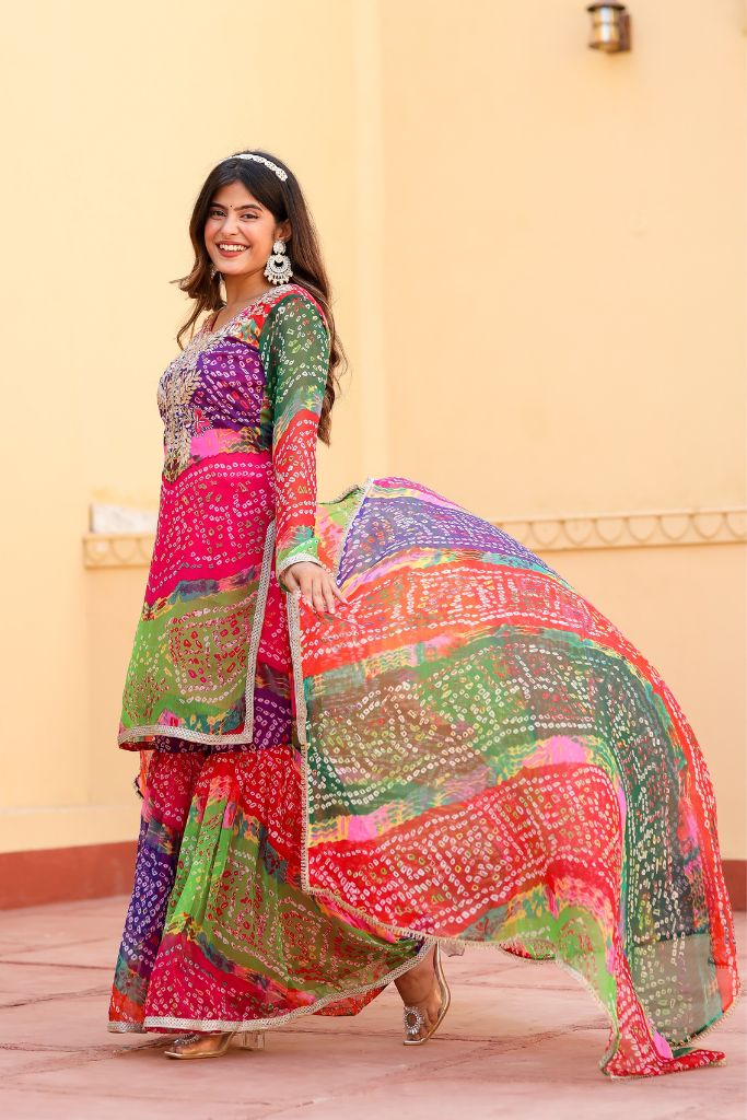 Sahiba Multi Color Chiffon Gota Work Festive Sharara Set
