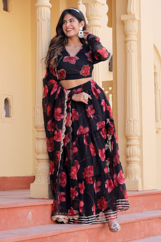 Noor Black Chiffon Floral Print Festive Lehenga Set