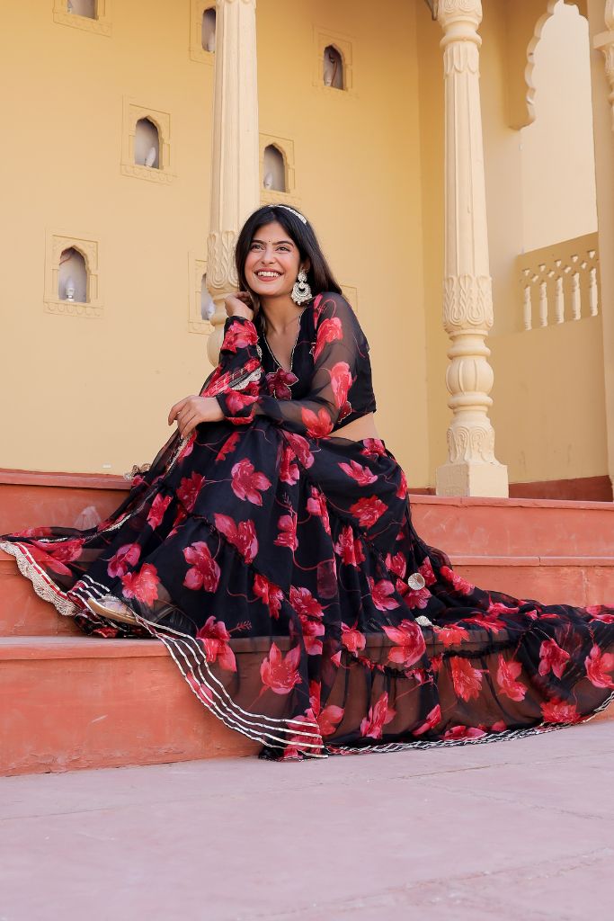 Noor Black Chiffon Floral Print Festive Lehenga Set