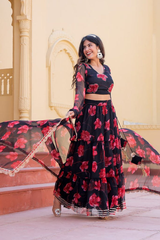 Noor Black Chiffon Floral Print Festive Lehenga Set