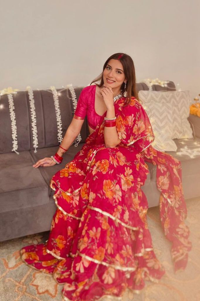 Kiara Pink Chiffon Floral Print Festive Draped Saree