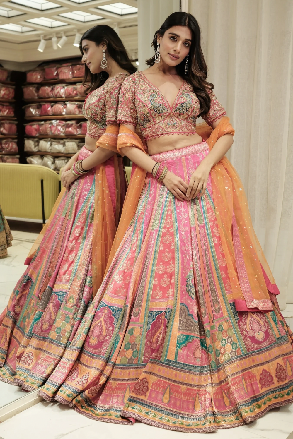Multicolour banarasi silk lehenga choli with machine thread work