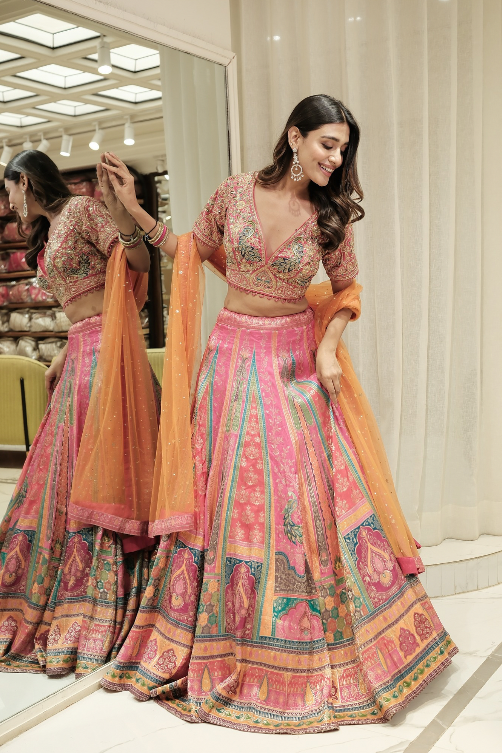 Multicolour banarasi silk lehenga choli with machine thread work