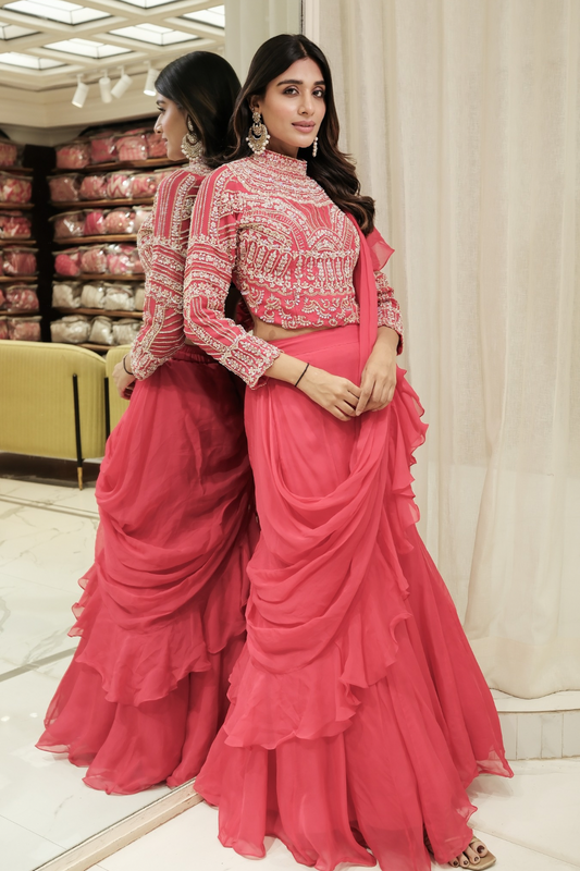 Coral pink organza ready-to-wear saree with zardozi and pearl work