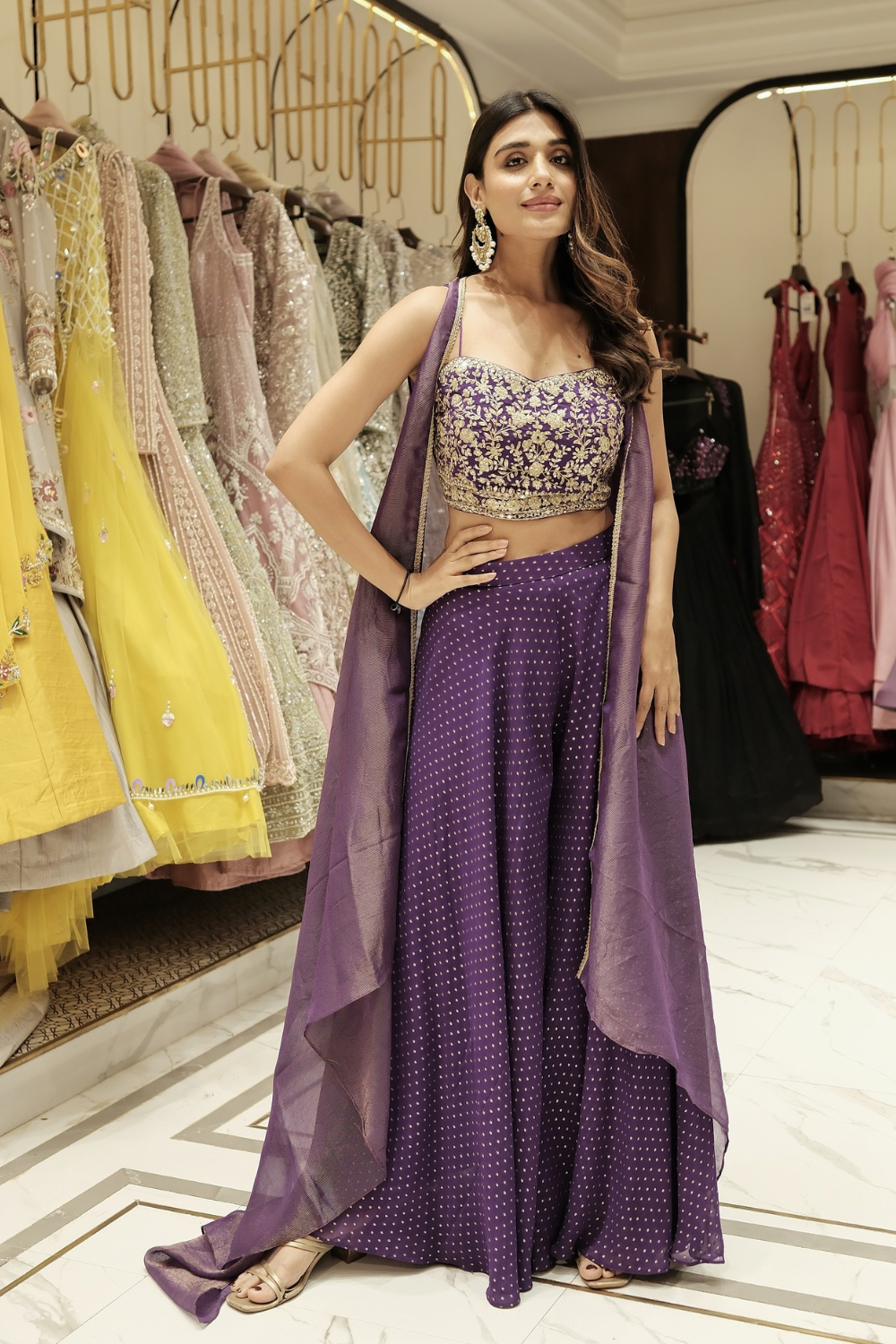 Purple georgette Indo-Western with pitta and sequins work