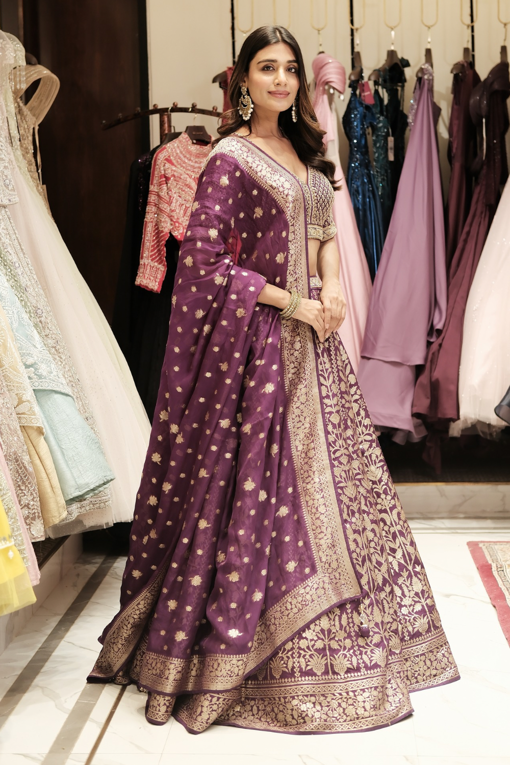 Purple banarasi silk lehenga choli with marori work