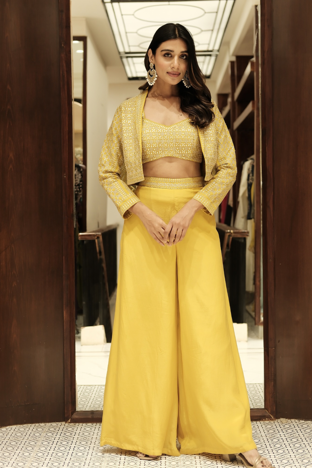 Yellow silk Indo-Western with pearl and dori work