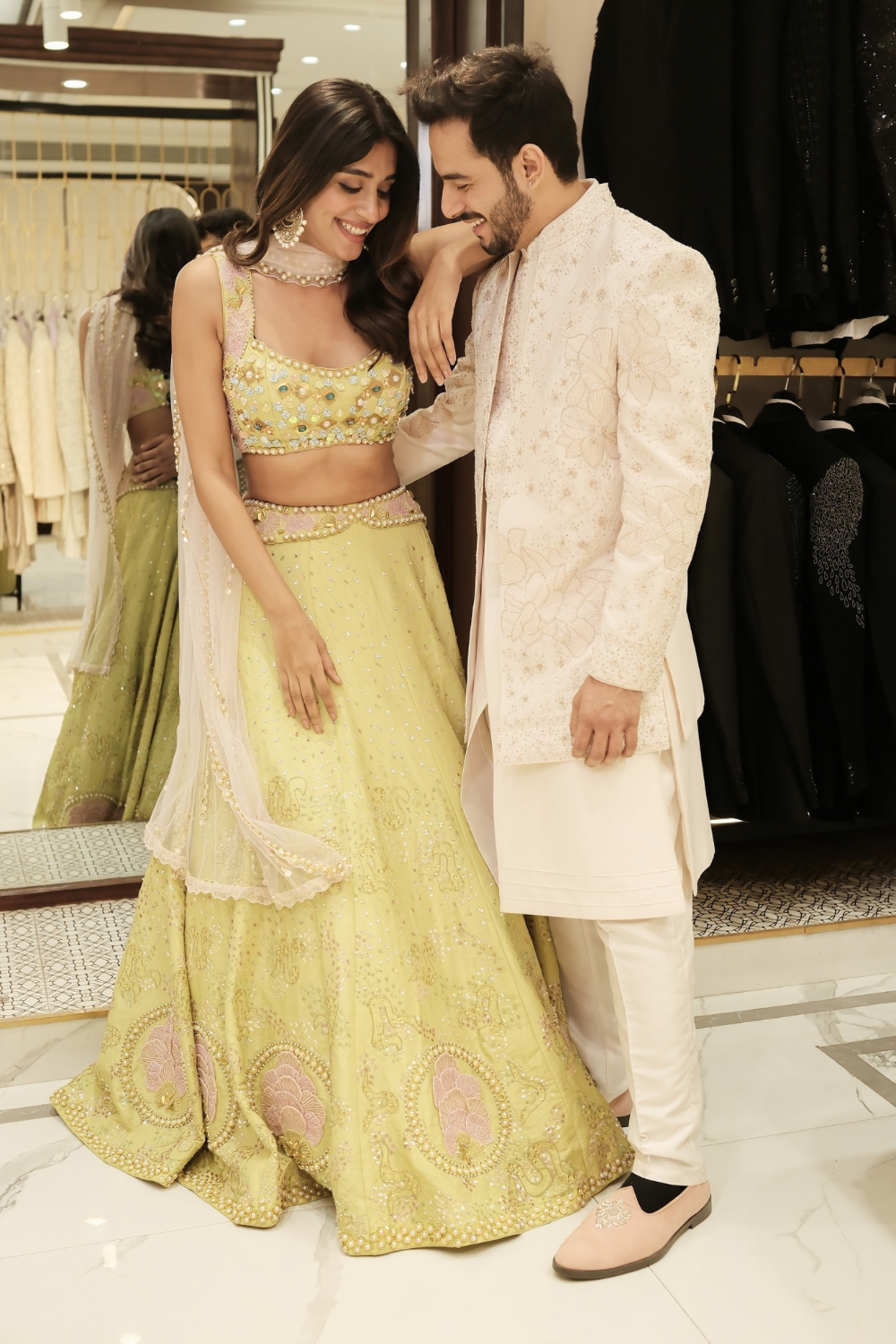 Lime green silk lehenga choli with hand cut dana and peal work