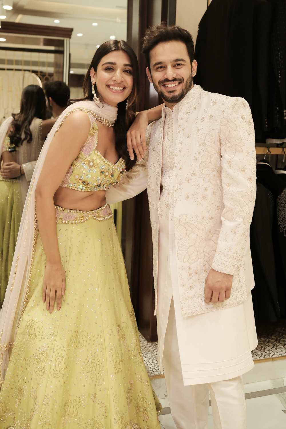 Lime green silk lehenga choli with hand cut dana and peal work