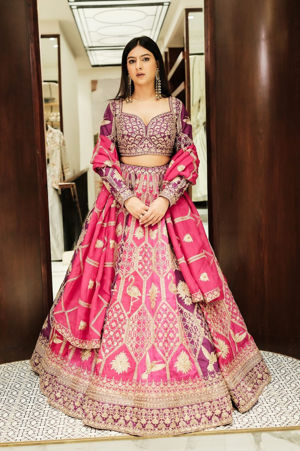 Pink & purple banarasi silk lehenga choli with thread and sequins work