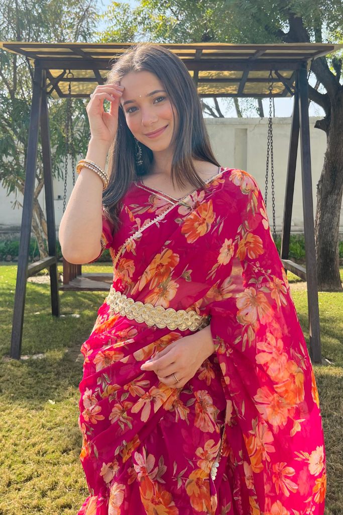 Kiara Pink Chiffon Floral Print Festive Draped Saree